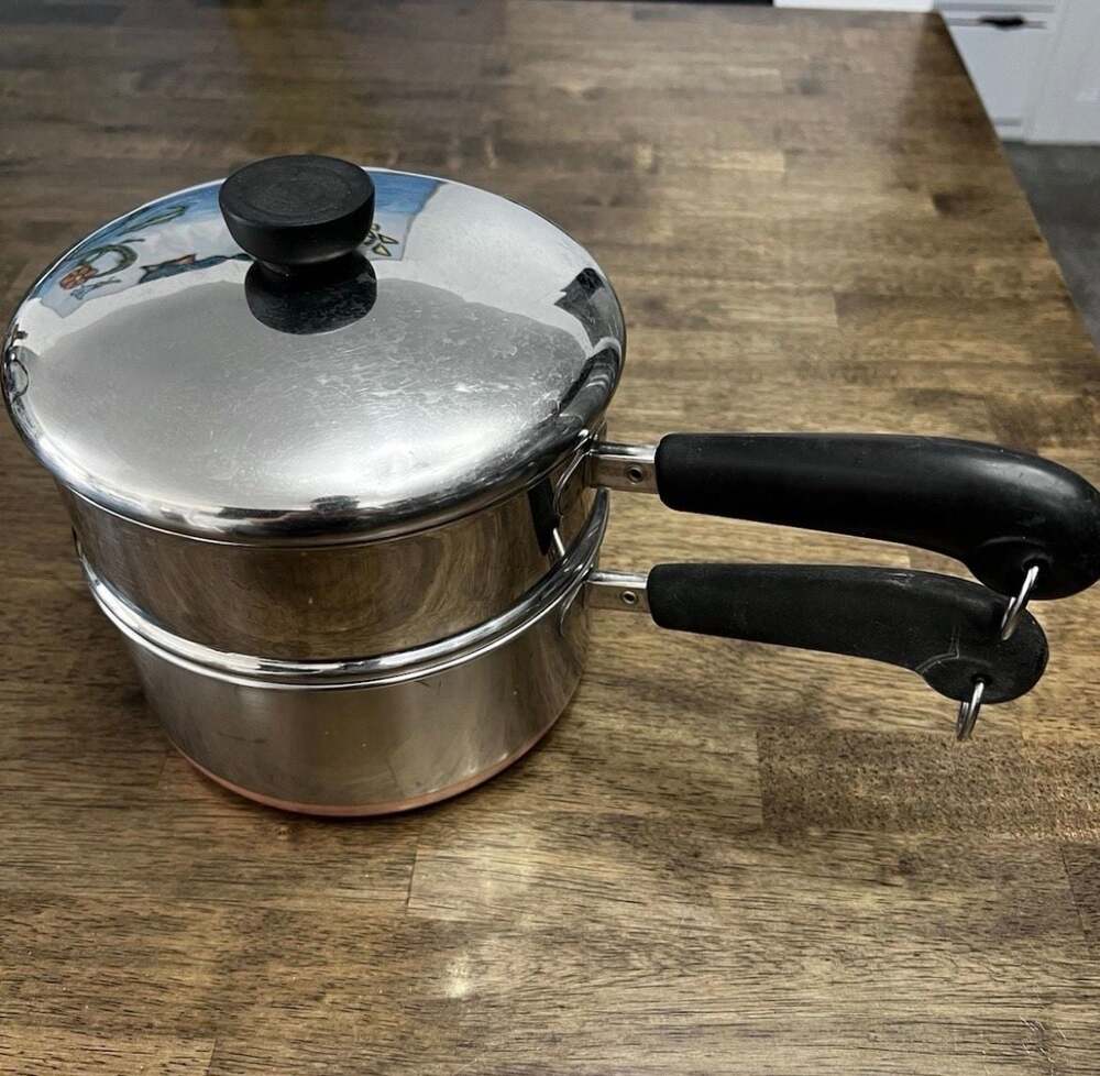 Vtg Revere Ware 2 Quart Copper Clad Stainless Steel Sauce Pan w/ Steamer & Lid